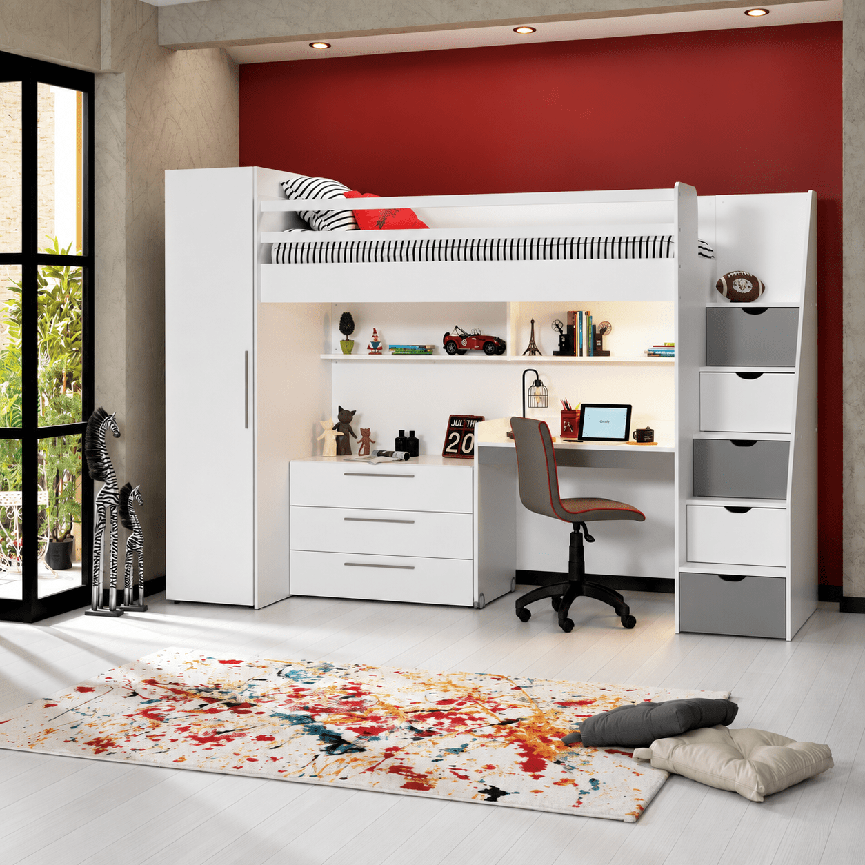 almila neo hoogslaper bureau ladekast 1 deurskast wit grijs 90x200 cm