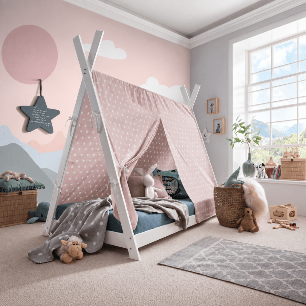 infanskids pino tipibed 90x200 wit voorzien van roze tipitent