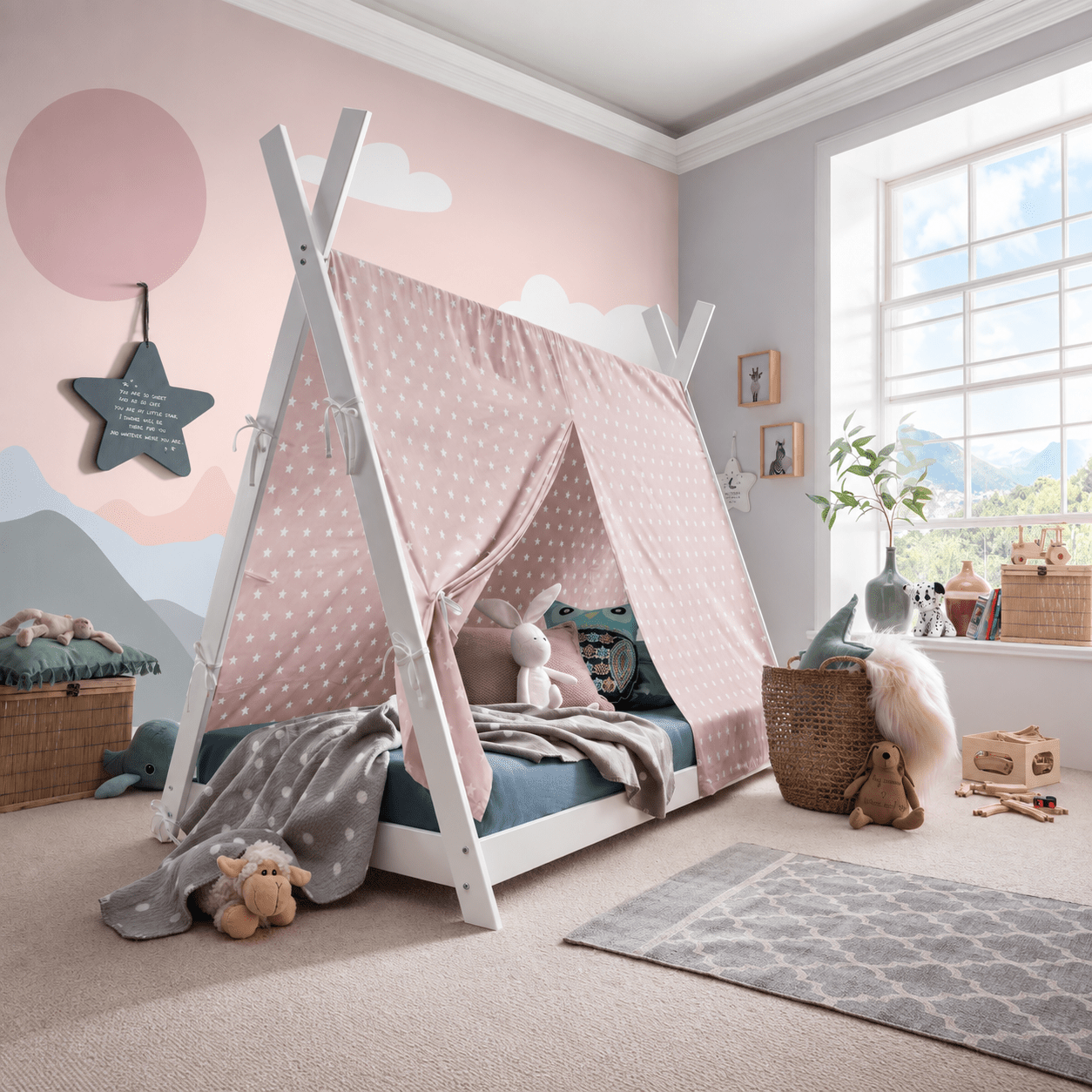 infanskids pino tipibed 90x200 wit voorzien van roze tipitent
