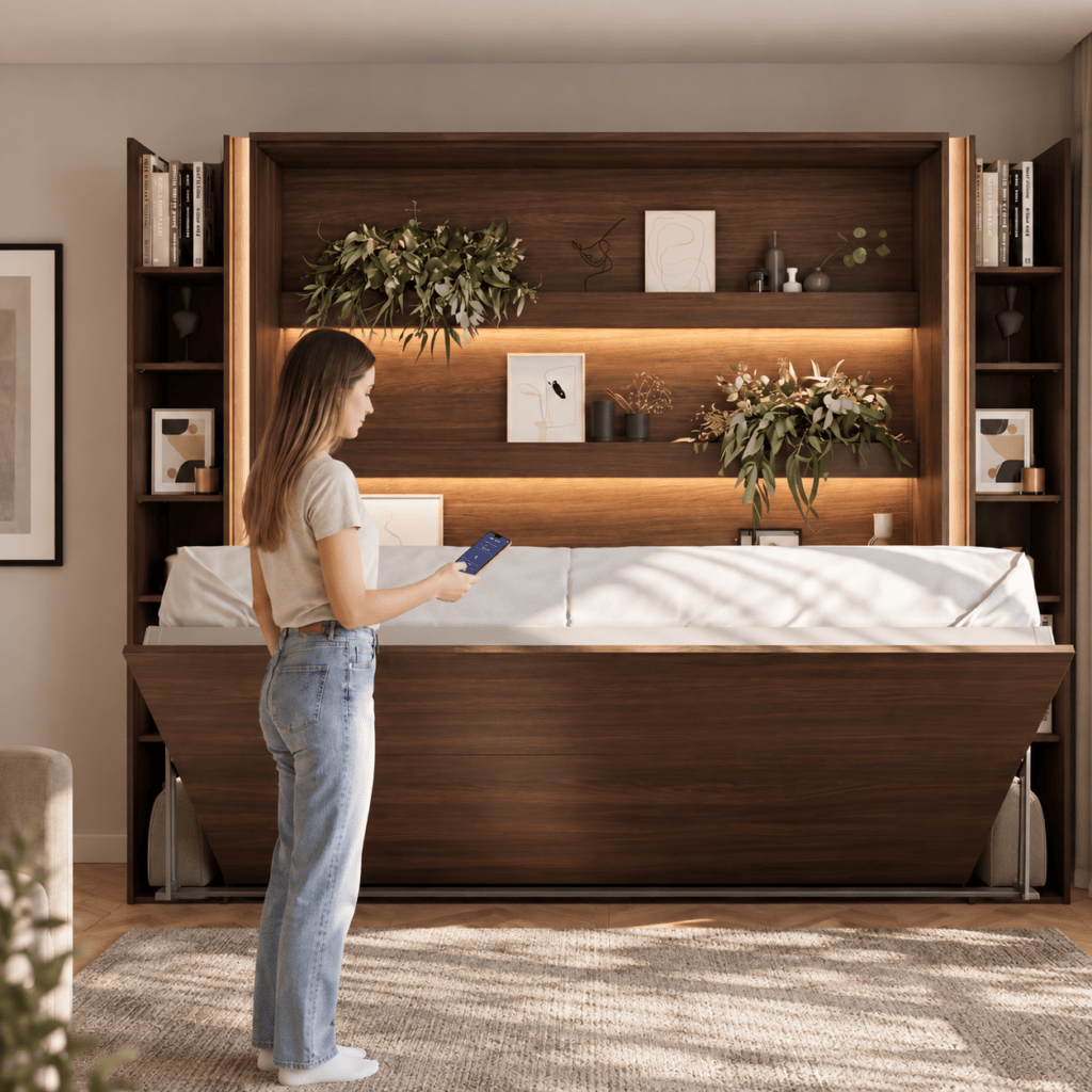 lenart bed concept verticaal elektrisch opklapbed 140x200 kastanjebruin tijdens automatisch openklappen