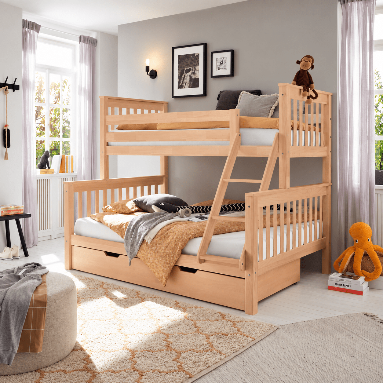 infanskids pino 3 persoons stapelbed beuken onderbed 140x200 met ladder
