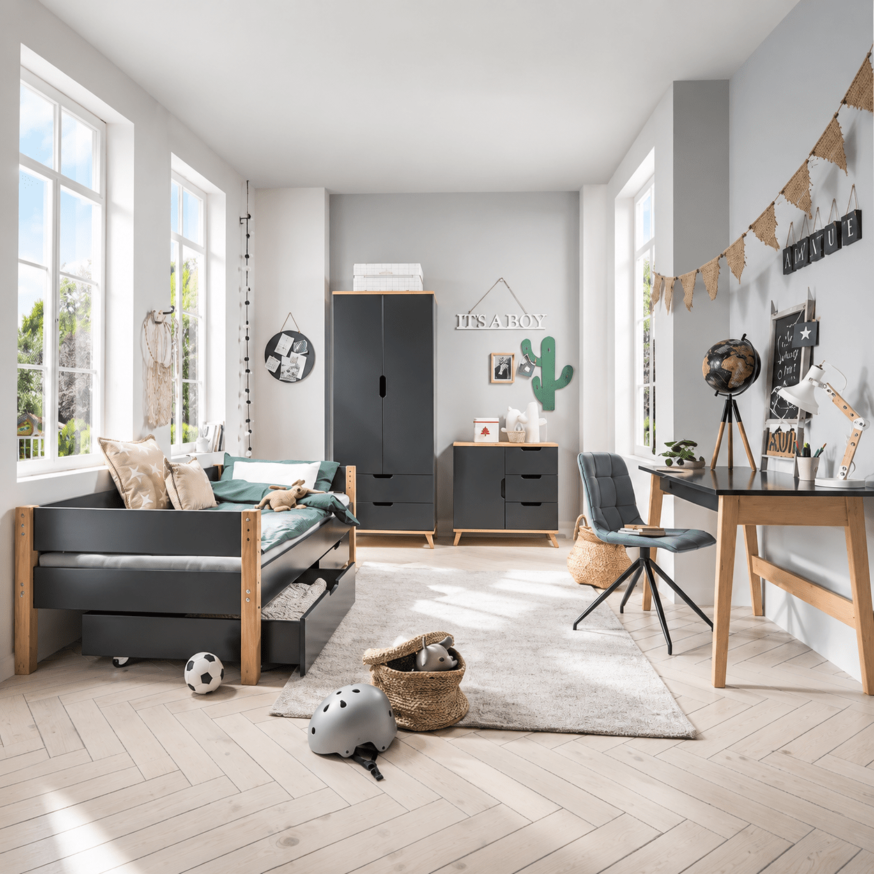 Infanskids Infanscolor kajuitbed complete kinderkamer set antraciet beuken met kledingkast en bureau