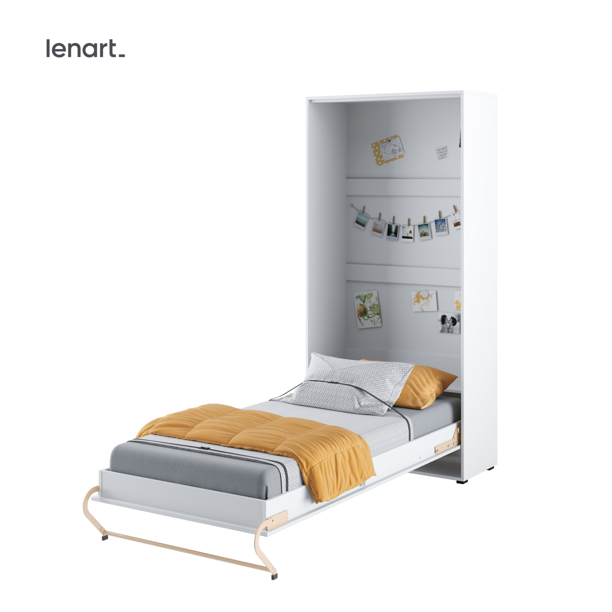 Frontaal aanzicht van het gesloten verticale opklapbed in de kleur wit.