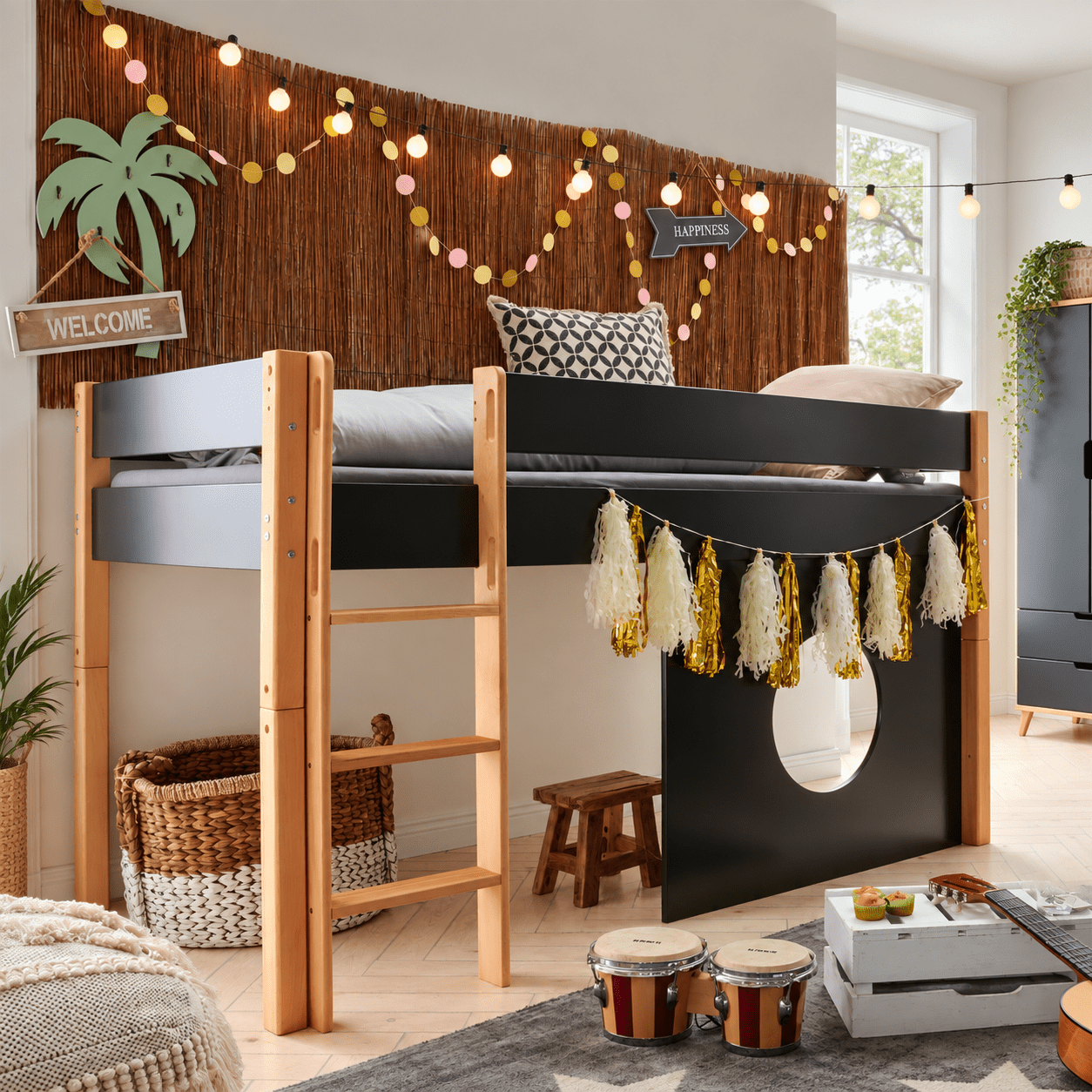 Infanskids Infanscolor halfhoogslaper complete kinderkamer set antraciet beuken met kledingkast