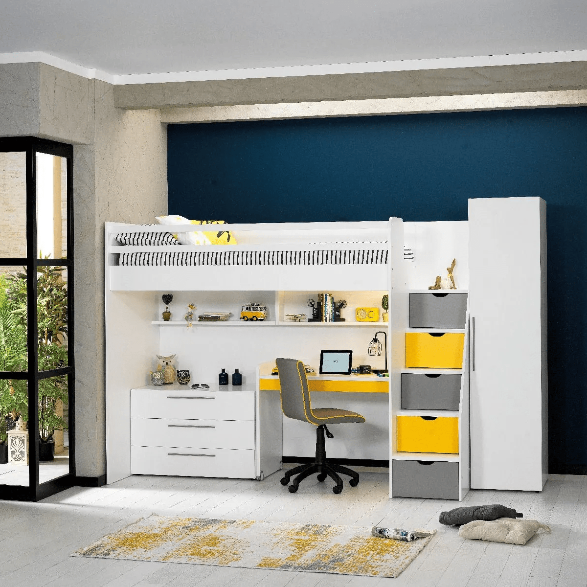 almila neo complete kinderkamer set hoogslaper bureau ladekast 1 deurskast wit geel