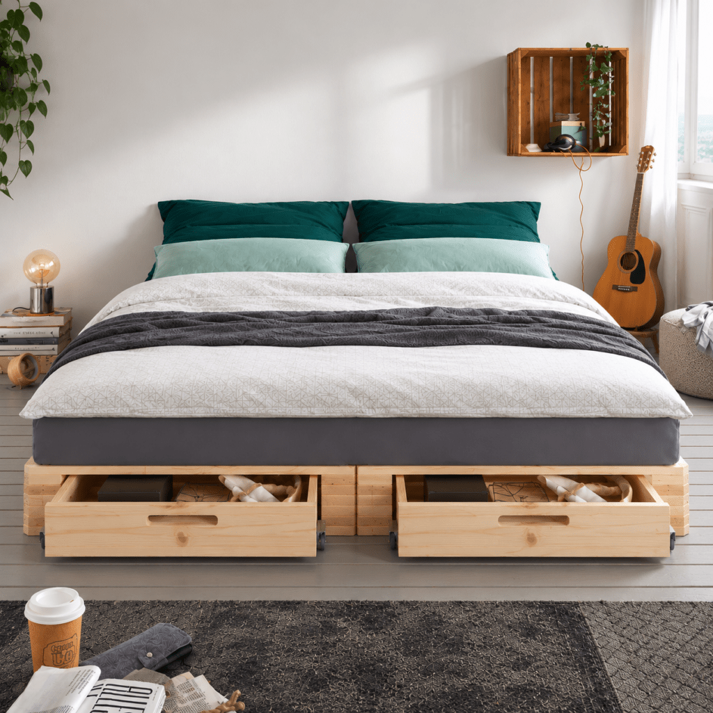infanskids palletbed naturel 180x200 cm vooraanzicht 2x 90x200 met opberglades