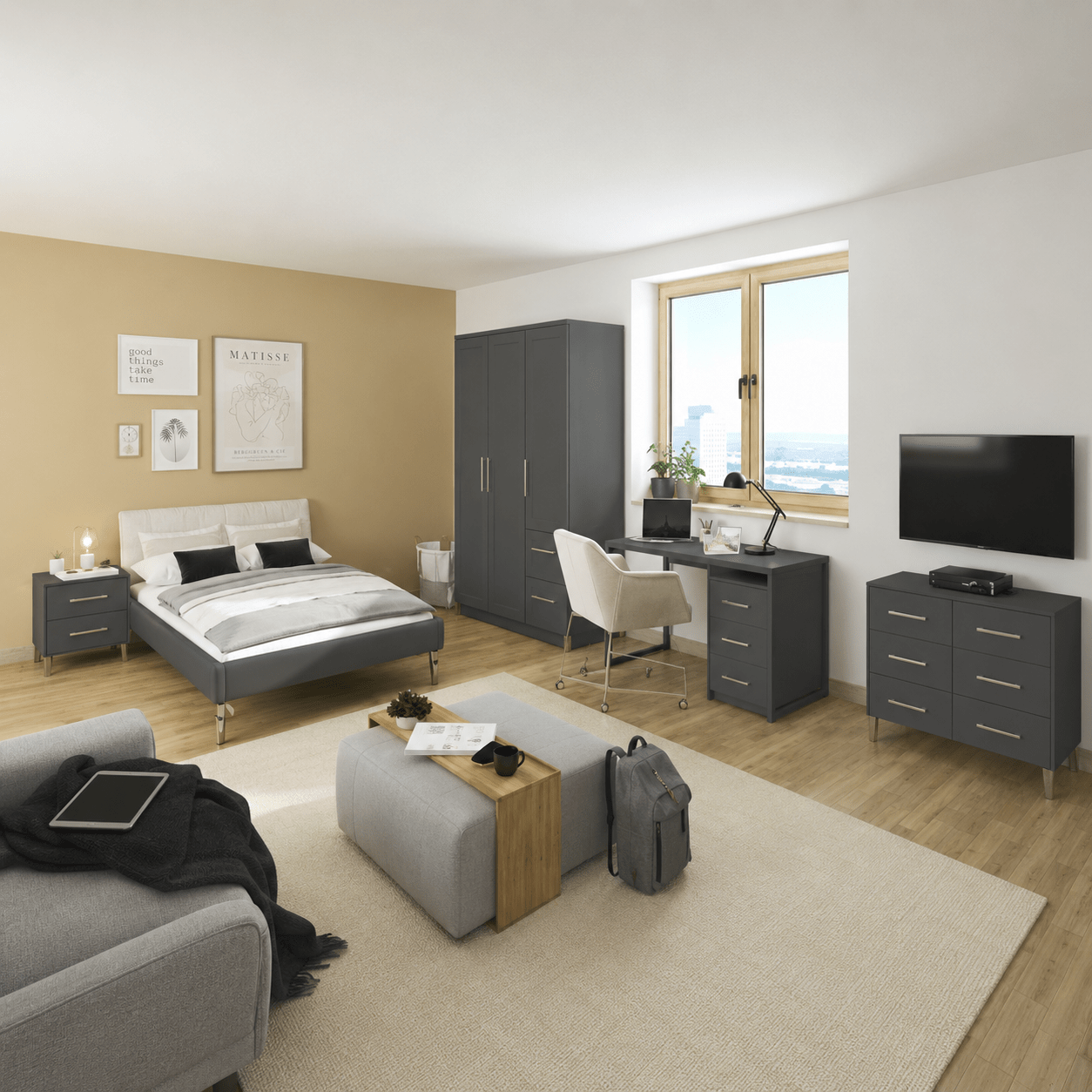 Rauch Skandi complete kinderkamer set antraciet met bed kledingkast en bureau