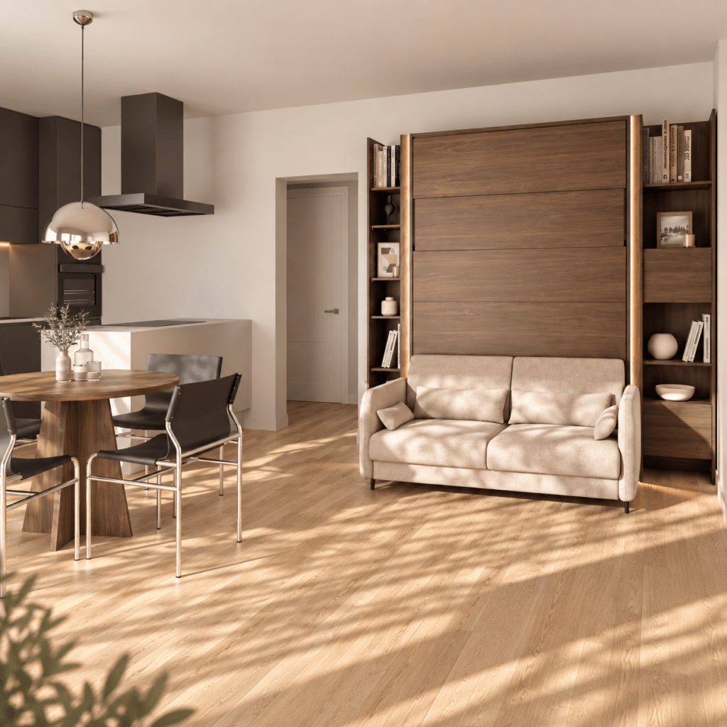 lenart bed concept verticaal elektrisch opklapbed 140x200 kastanjebruin ingeklapt als strakke wandkast