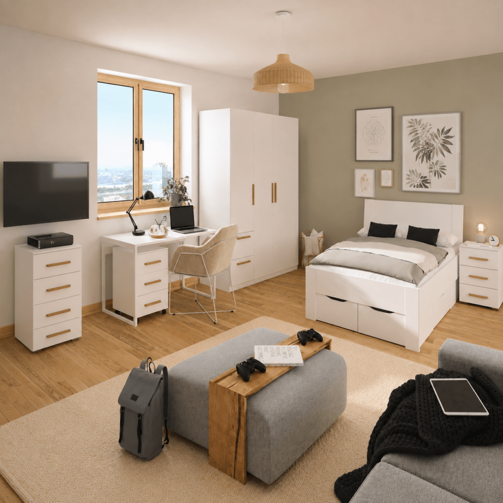 Rauch Quadra-Spin complete tienerkamer set champagne met twijfelaar bed 120x200 en 3-deurs kast