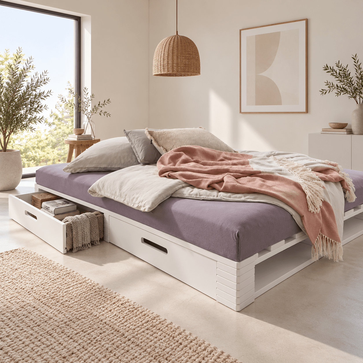 Zijaanzicht van wit gelakt pallet bed 140x200 met lades