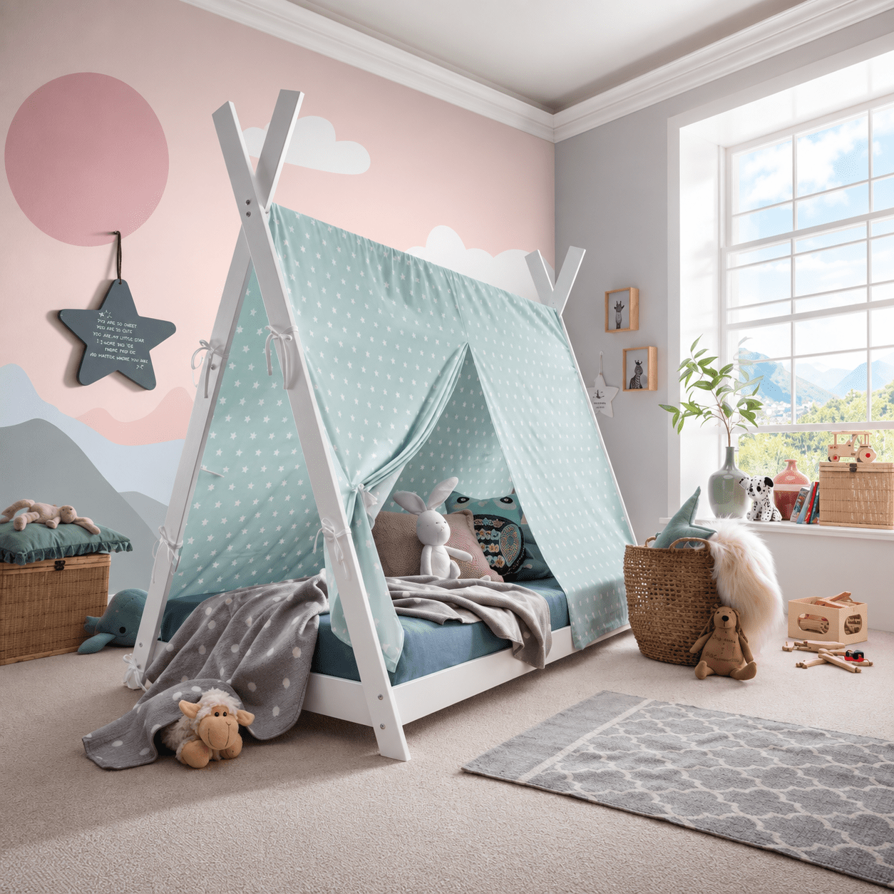 infanskids pino tipibed 90x200 wit uitgerust met mintgroene tipitent