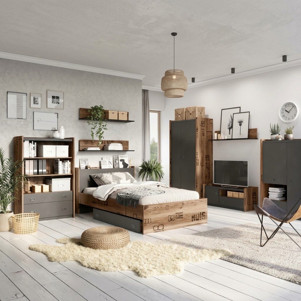 Kinderkamer Fargo in eikenkleur/antraciet, compleet overzicht