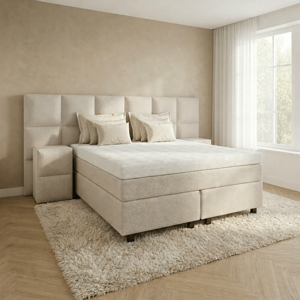 Beige boxspring met hoog, verticaal gestikt hoofdbord, bijpassend nachtkastje en kussens in een lichte, moderne slaapkamer.